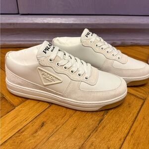Prada Cream and White Low-Profile Leather Sneakers